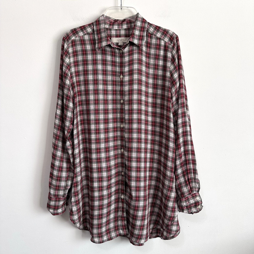 LOFT Tunic Blouse S Plaid Long‎ Sleeve Rayon Soft Casual Trendy Button Front